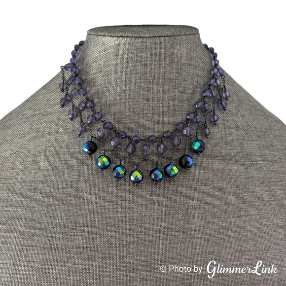 2028 Purple Beaded Drape AB Dangles Hematite Tone Necklace - Picture 1 of 7